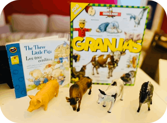 Books and farm animal toys